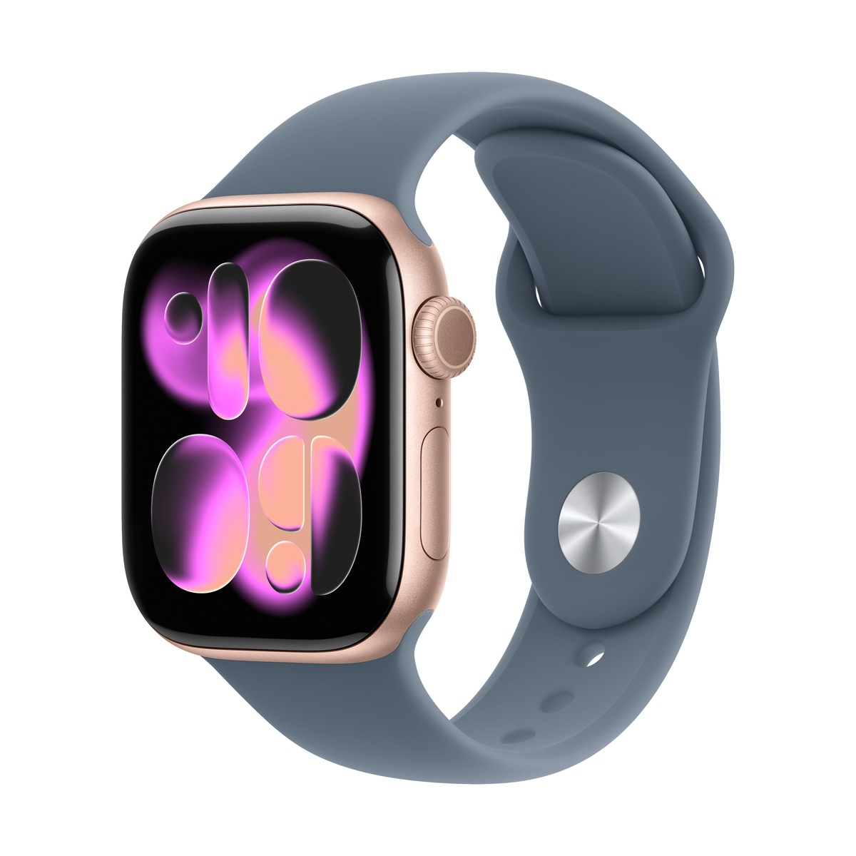 Apple Watch Series 11, 42 мм корпус из алюминия цвета «Rose Gold», ремешок Sport Band цвета «Anchor Blue»